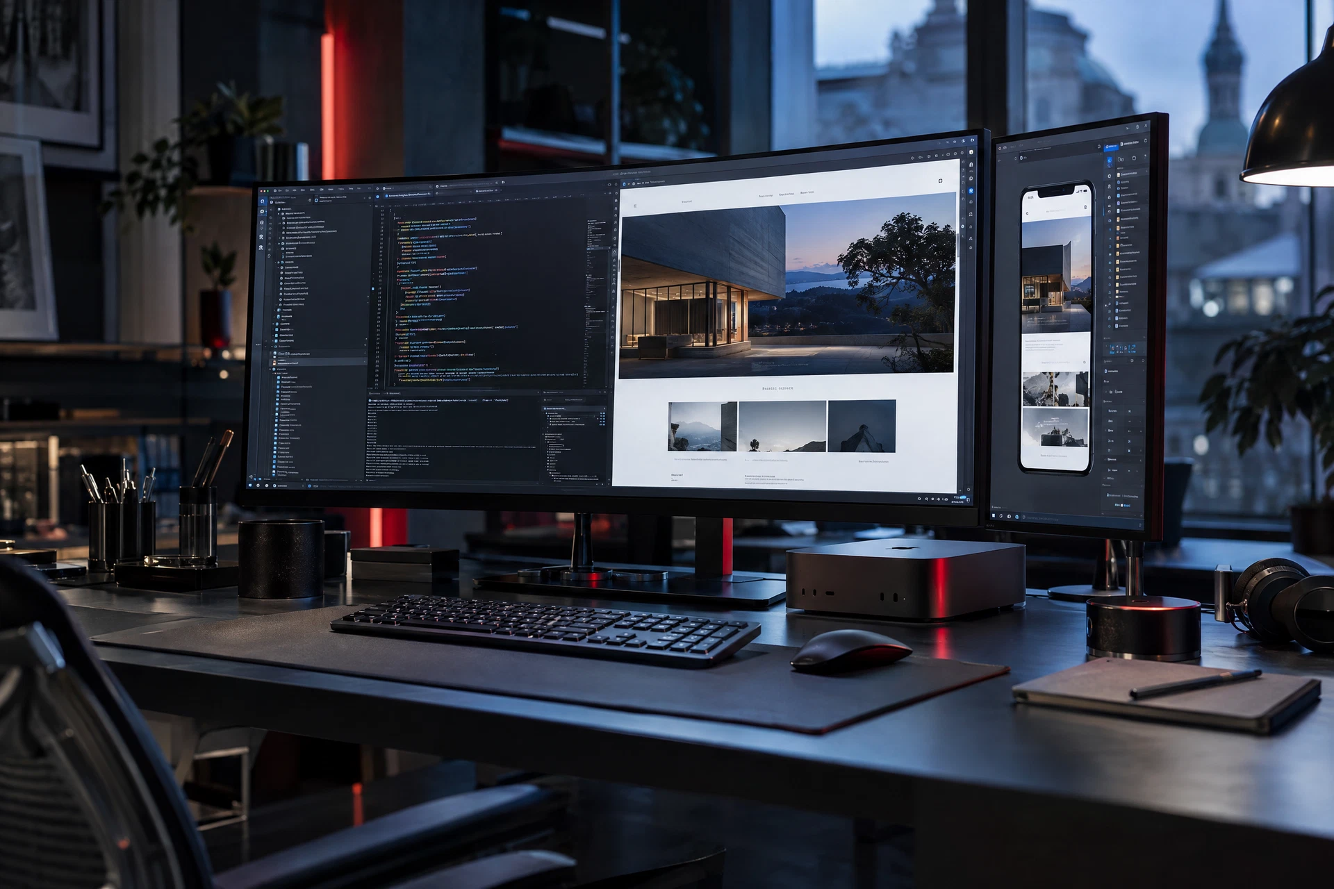Ambiente tecnologico di sviluppo con editor assistito da AI e anteprime responsive su più schermi