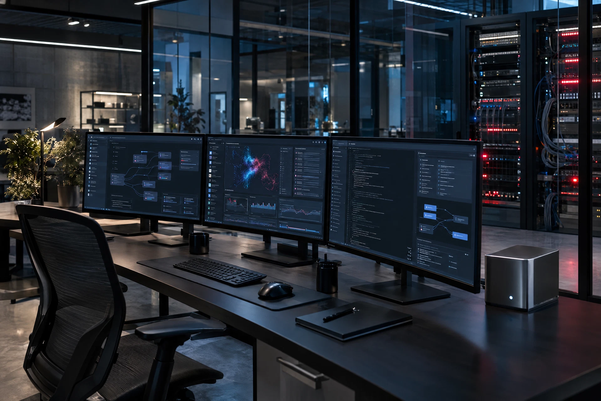 Ambiente tecnologico con portale aziendale, console di integrazione e strumenti di orchestrazione AI