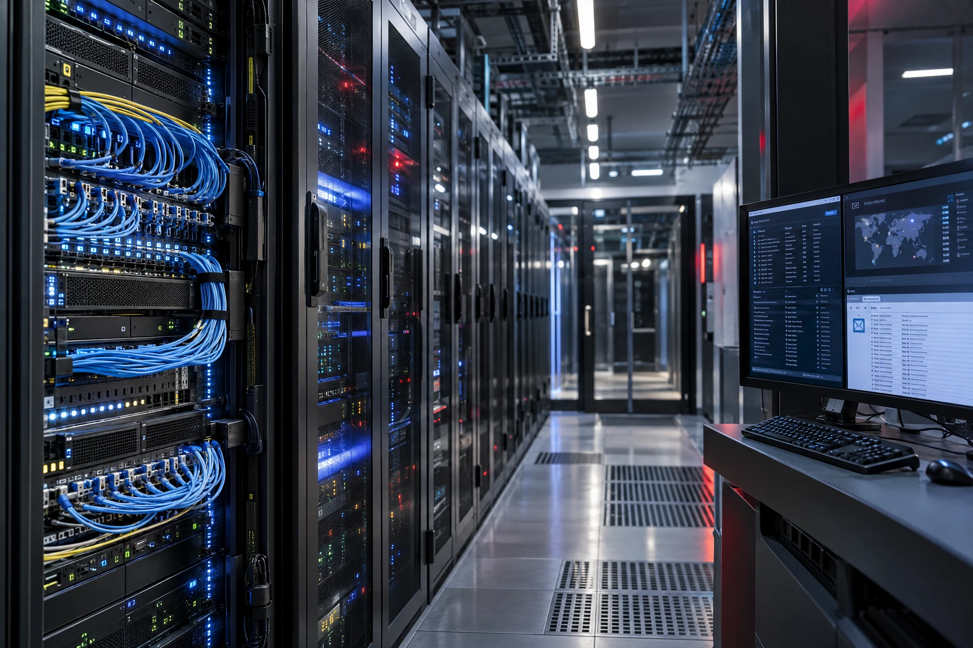 Infrastruttura tecnologica con armadi server, connessioni di rete e console di gestione dei servizi