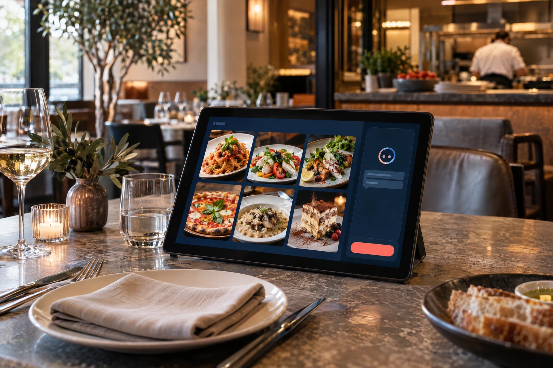 Scena illustrativa di un menù digitale con assistente AI su tablet in un ristorante