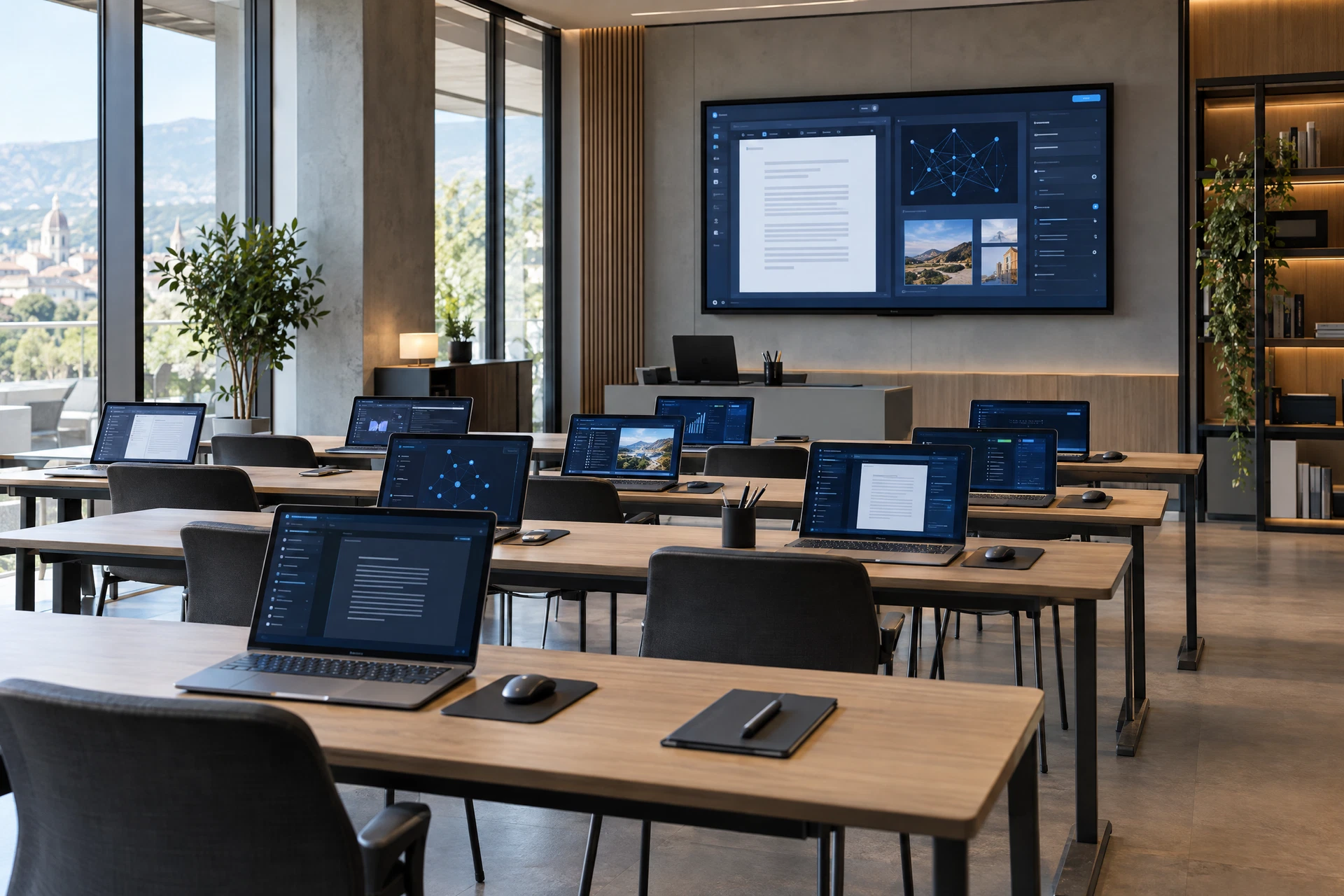 Ambiente professionale illustrativo per la formazione su intelligenza artificiale e web