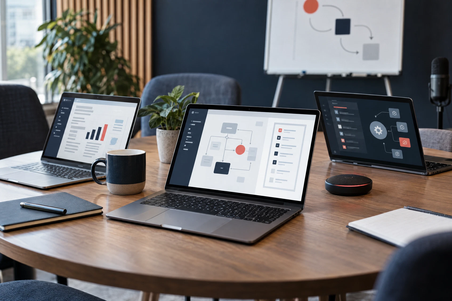 Postazioni collaborative con strumenti AI in un ambiente di workshop professionale