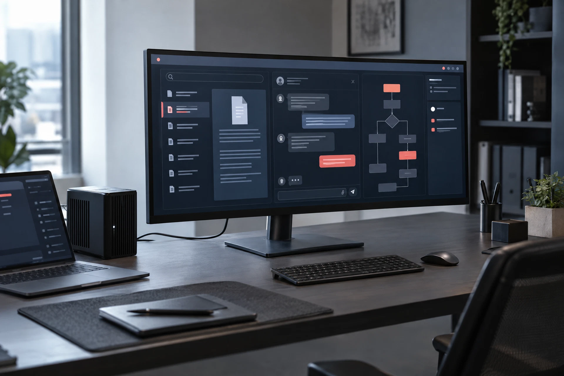 Ambiente tecnologico illustrativo con applicazioni AI per documenti e attività aziendali