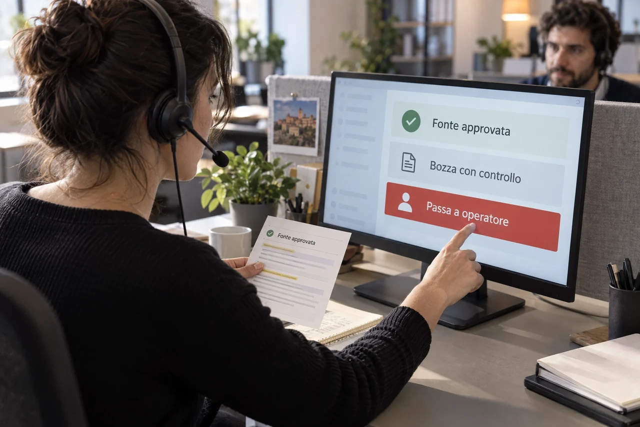 Operatrice customer support con headset verifica una bozza AI su una fonte approvata e passa un caso ambiguo a un collega.