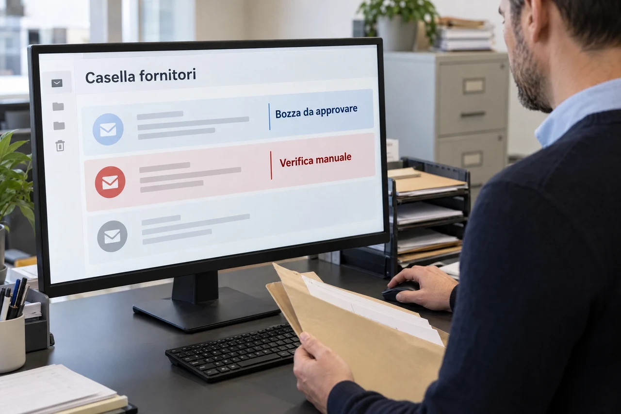 Addetto amministrativo controlla la casella fornitori: una bozza email attende approvazione e una richiesta resta in verifica manuale.