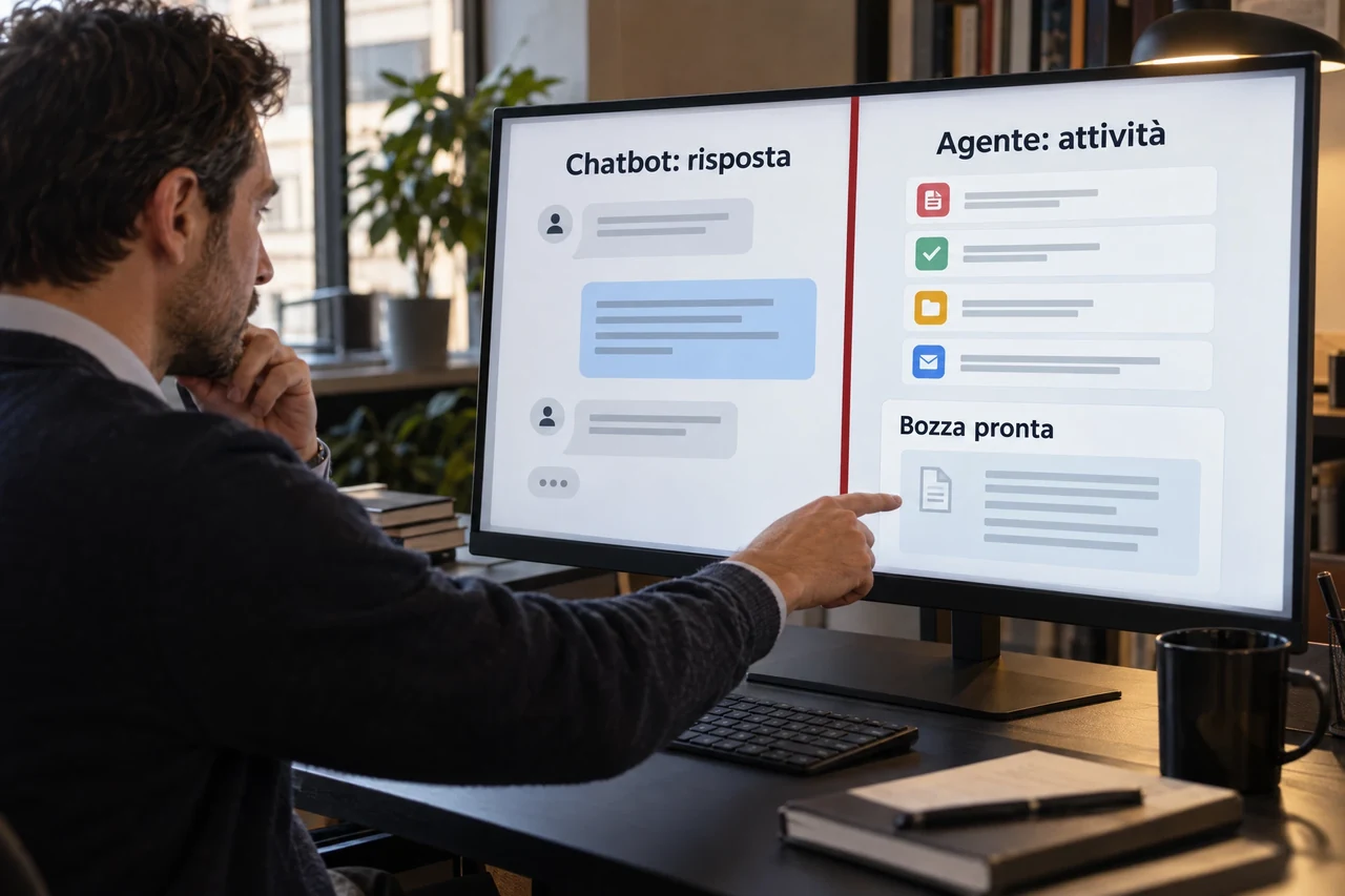 Alla stessa postazione, una responsabile confronta il pannello di risposta del chatbot con le attività e la bozza preparata dall’agente AI.