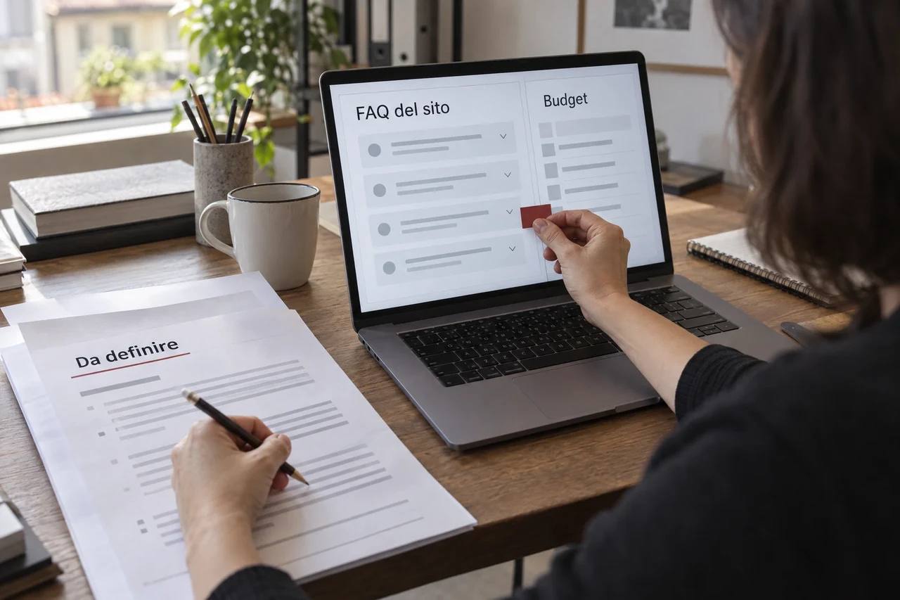 Responsabile confronta il preventivo di un chatbot FAQ con un layout del sito e il budget da definire, senza importi.