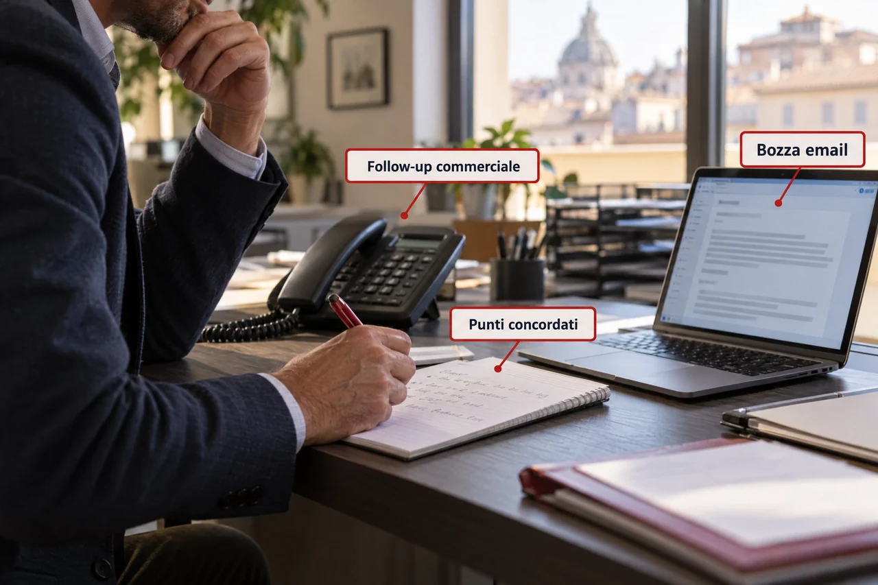 Commerciale verifica una bozza di follow-up AI contro i punti concordati subito dopo una chiamata cliente.