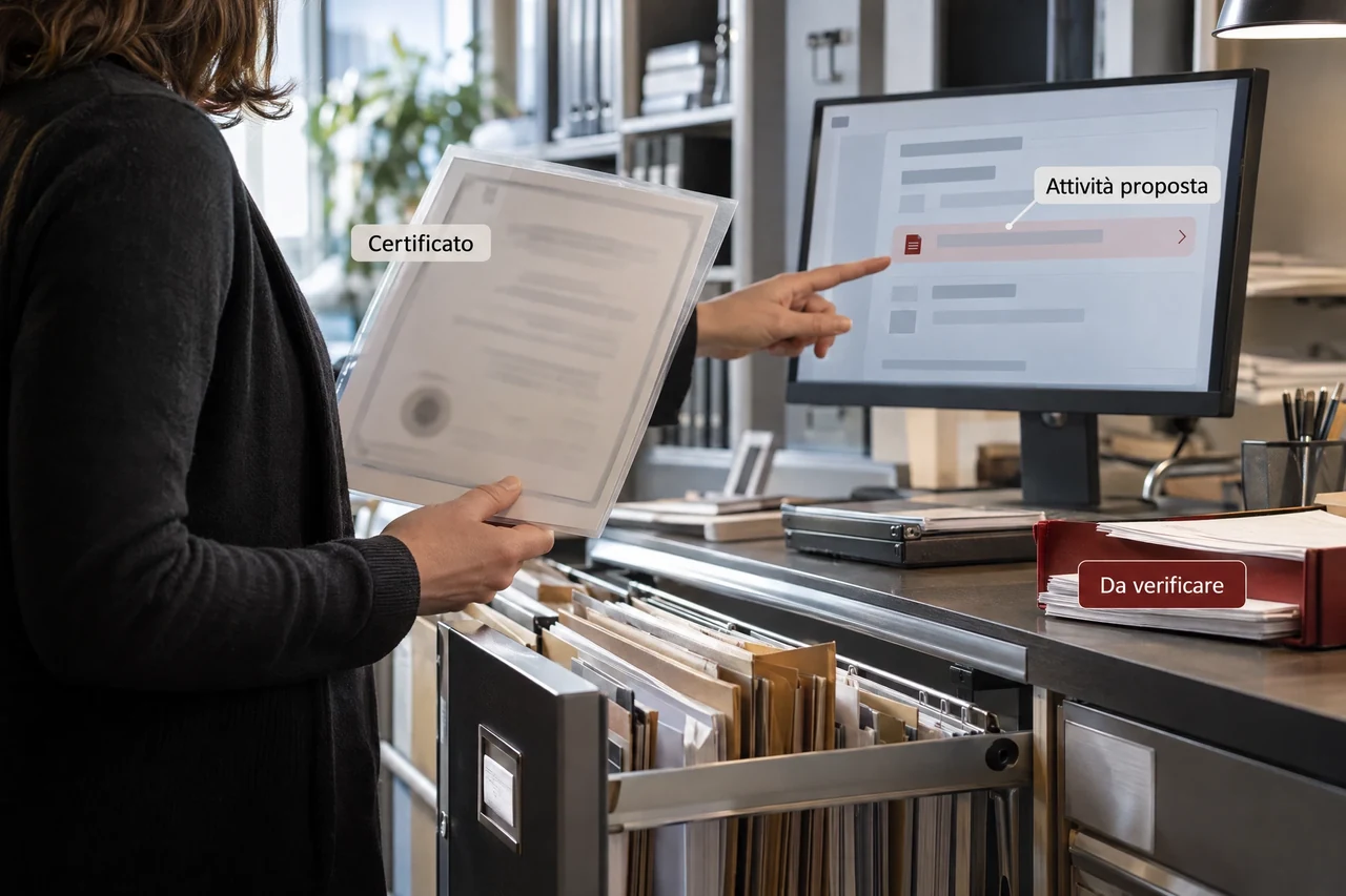 Responsabile amministrativa controlla un certificato e l’attività proposta da un agente AI prima di crearla.