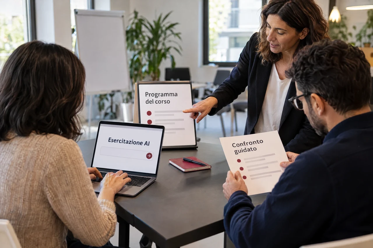 Trainer guida due dipendenti in una piccola esercitazione AI con il programma del corso visibile sul tavolo.