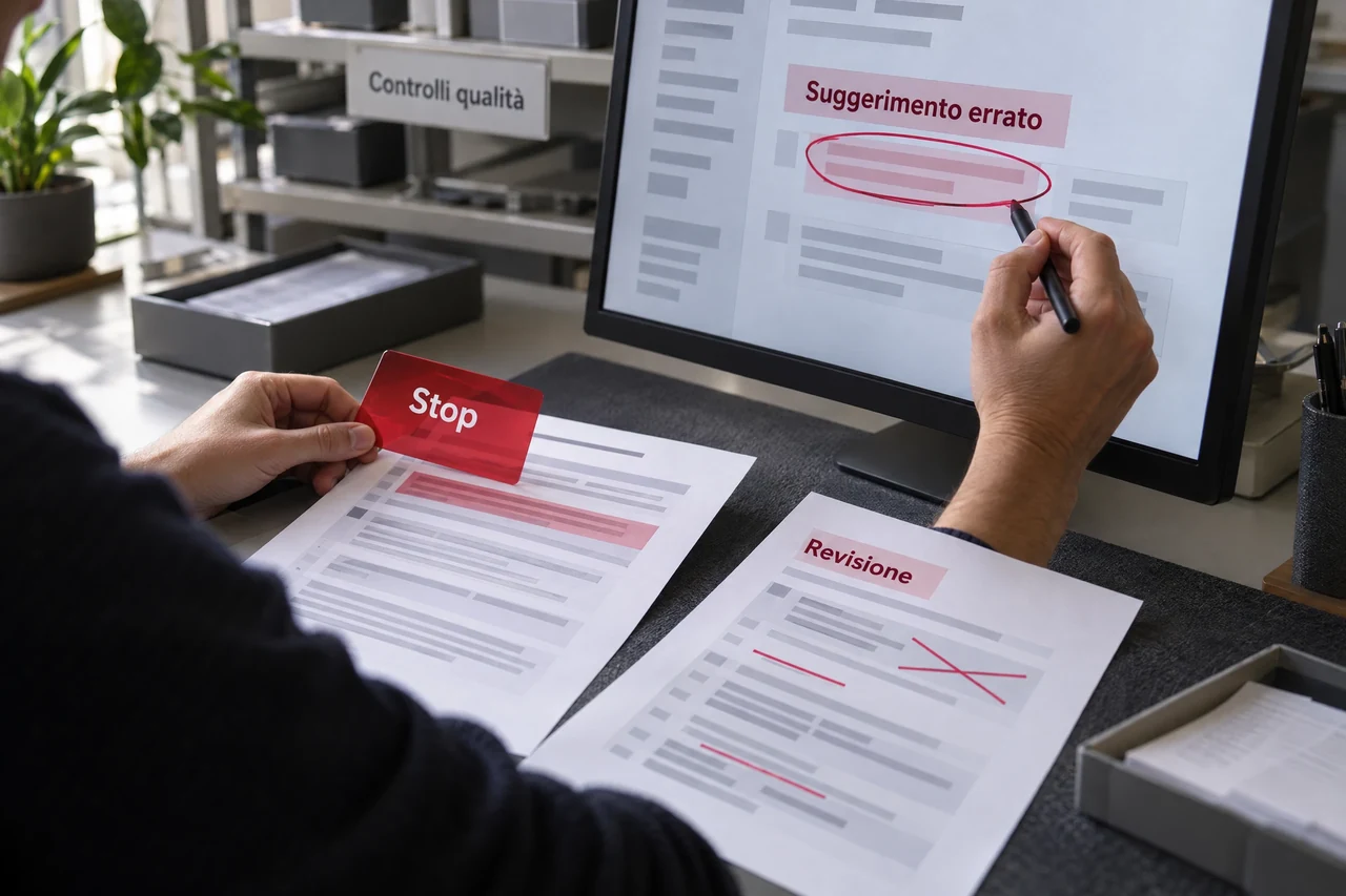Tester blocca un suggerimento AI errato durante una prova e lo segna per la revisione con correzioni chiare.