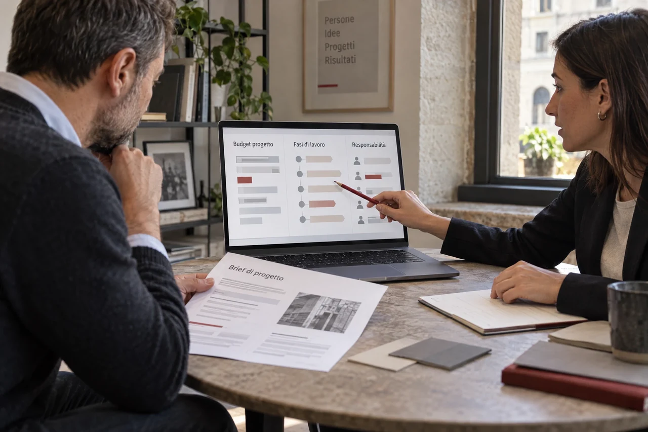 Titolare e consulente impostano il budget di un progetto AI su una scheda con fasi di lavoro e responsabilità, senza prezzi visibili.